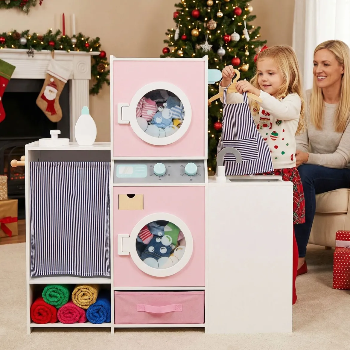 Holz Kinder-Wäsche-Set Spielzeug Waschmaschine mit Waschmittelflasche Bügeleisen Rosa