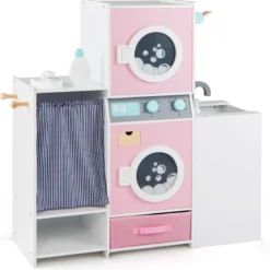 Holz Kinder-Wäsche-Set Spielzeug Waschmaschine mit Waschmittelflasche Bügeleisen Rosa
