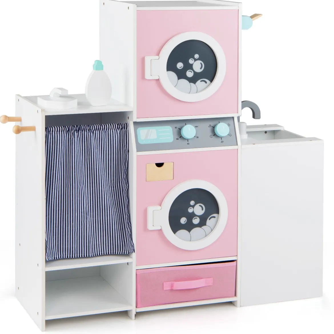 Holz Kinder-Wäsche-Set Spielzeug Waschmaschine mit Waschmittelflasche Bügeleisen Rosa