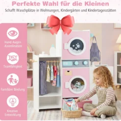 Holz Kinder-Wäsche-Set Spielzeug Waschmaschine mit Waschmittelflasche Bügeleisen Rosa
