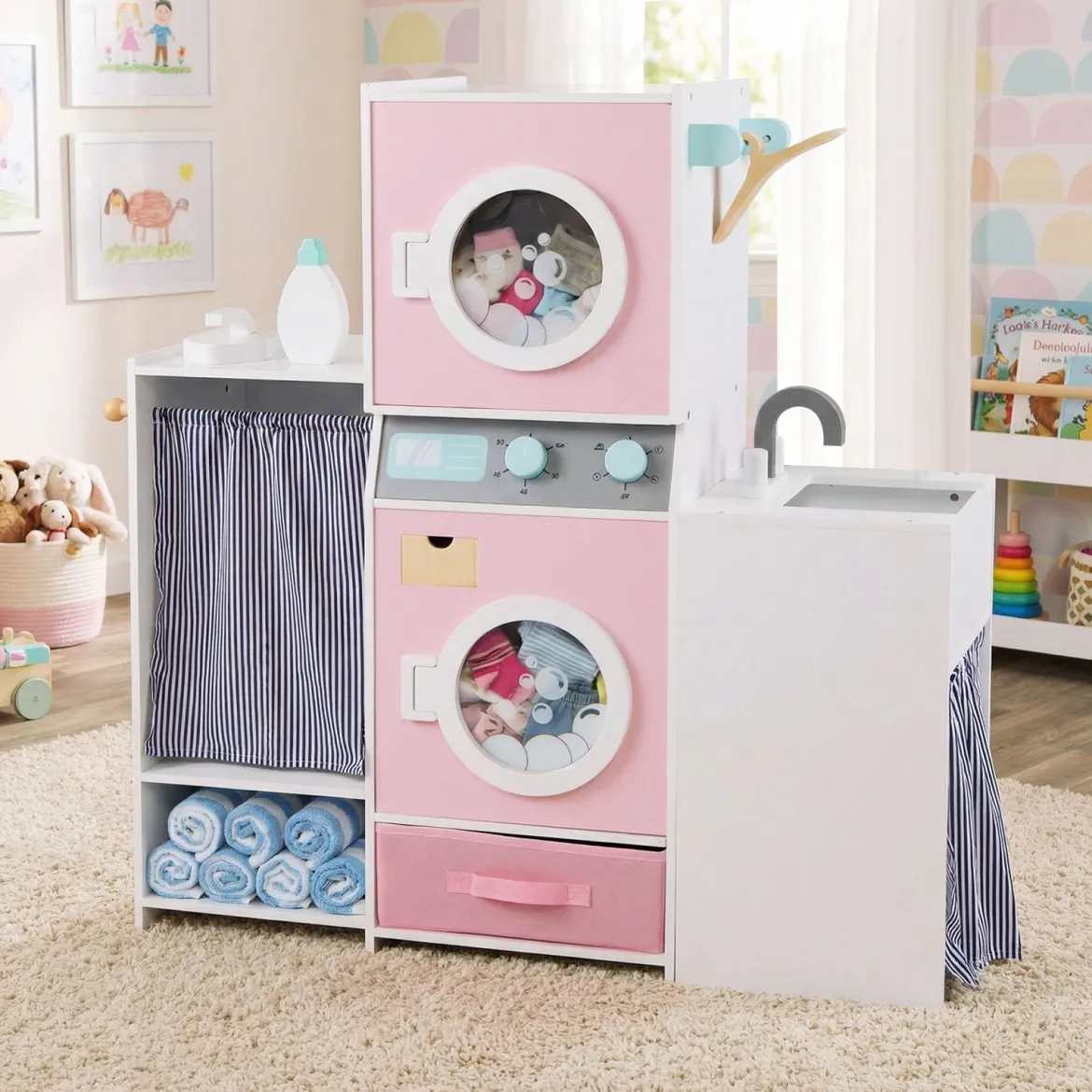 Holz Kinder-Wäsche-Set Spielzeug Waschmaschine mit Waschmittelflasche Bügeleisen Rosa