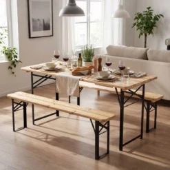 Holz Klappbare Bierzeltgarnitur inkl. 2 Bierbänke & 1 Biertisch 3-teilige Biertischgarnitur 118 cm