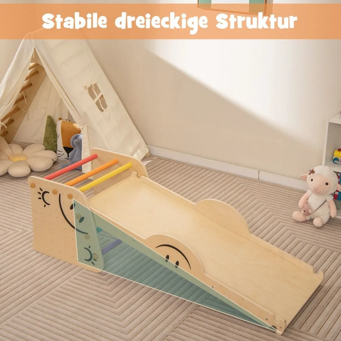 Holzkletterer-Set mit Umkehrbarer Rampe & Wippe & Kletterleiter & Smiley Gesichtsmustern Kletterspielzeug