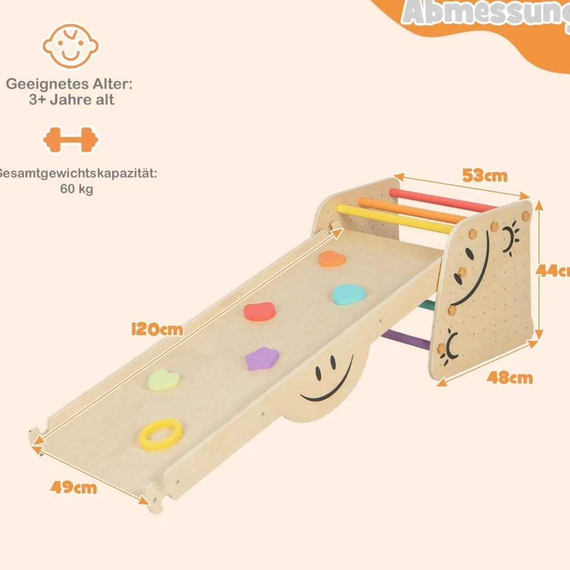 Holzkletterer-Set mit Umkehrbarer Rampe & Wippe & Kletterleiter & Smiley Gesichtsmustern Kletterspielzeug