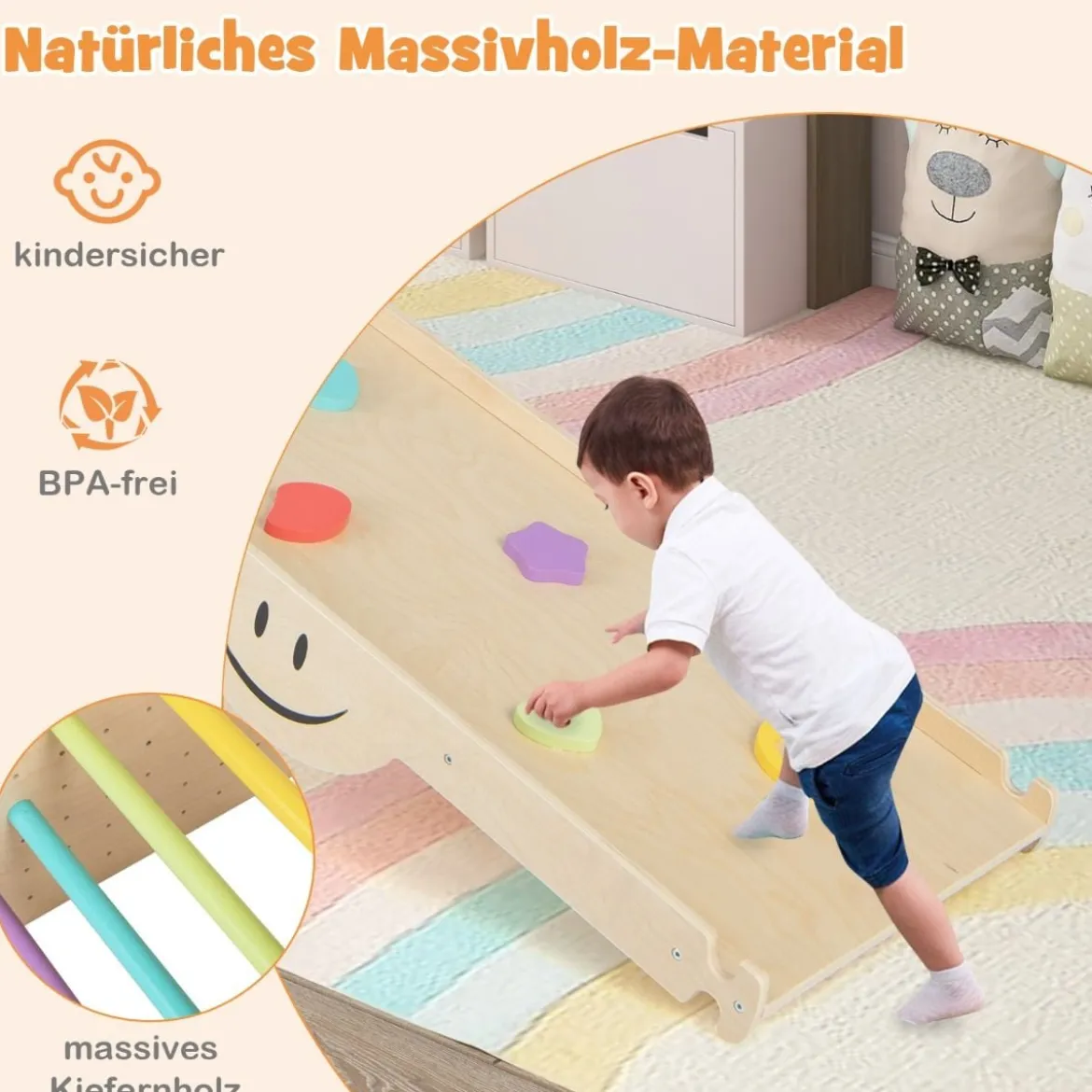 Holzkletterer-Set mit Umkehrbarer Rampe & Wippe & Kletterleiter & Smiley Gesichtsmustern Kletterspielzeug