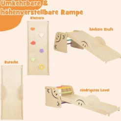 Holzkletterer-Set mit Umkehrbarer Rampe & Wippe & Kletterleiter & Smiley Gesichtsmustern Kletterspielzeug