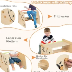 Holzkletterer-Set mit Umkehrbarer Rampe & Wippe & Kletterleiter & Smiley Gesichtsmustern Kletterspielzeug
