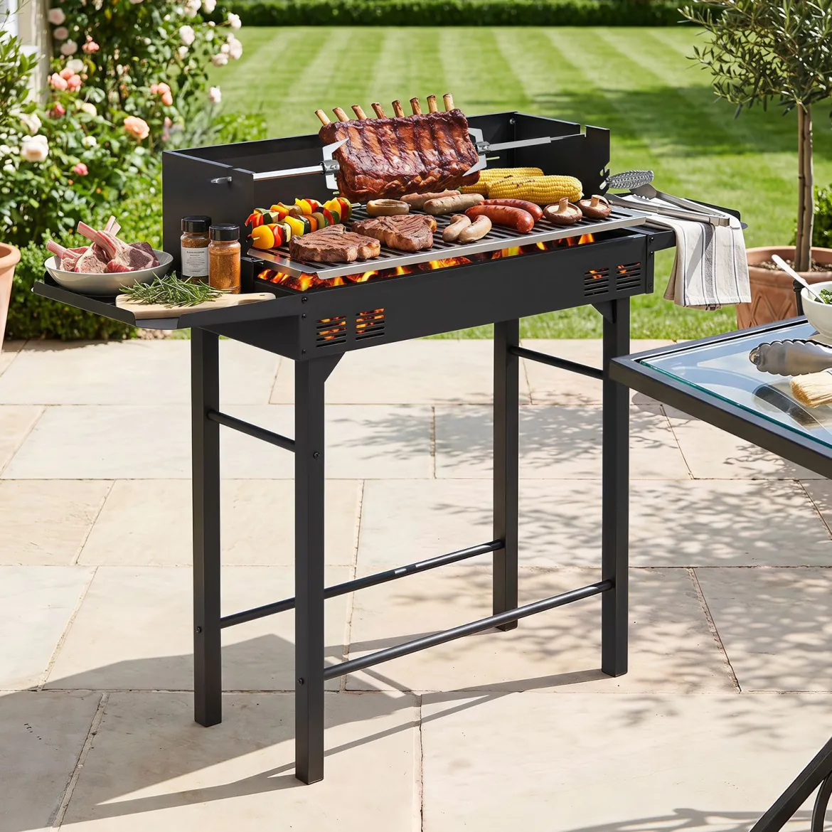 Holzkohlegrill Grillwagen mit Höhenverstellbarem Grillrost 73 x 34 cm 2 Ablagen & Drehspieß