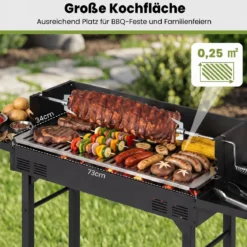 Holzkohlegrill Grillwagen mit Höhenverstellbarem Grillrost 73 x 34 cm 2 Ablagen & Drehspieß