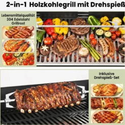 Holzkohlegrill Grillwagen mit Höhenverstellbarem Grillrost 73 x 34 cm 2 Ablagen & Drehspieß