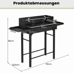 Holzkohlegrill Grillwagen mit Höhenverstellbarem Grillrost 73 x 34 cm 2 Ablagen & Drehspieß