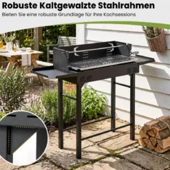 Holzkohlegrill Grillwagen mit Höhenverstellbarem Grillrost 73 x 34 cm 2 Ablagen & Drehspieß