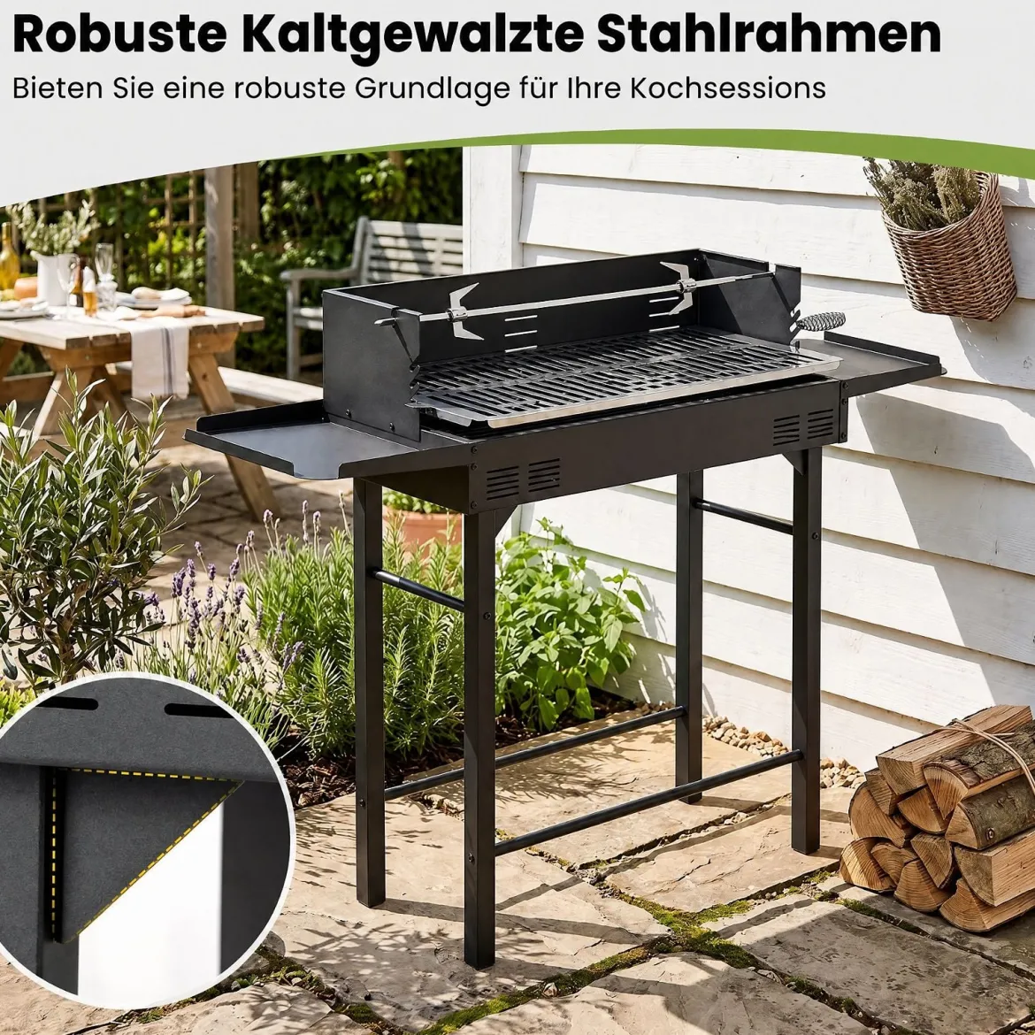Holzkohlegrill Grillwagen mit Höhenverstellbarem Grillrost 73 x 34 cm 2 Ablagen & Drehspieß