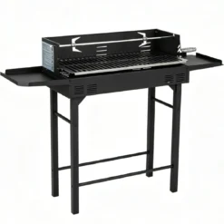 Holzkohlegrill Grillwagen mit Höhenverstellbarem Grillrost 73 x 34 cm 2 Ablagen & Drehspieß