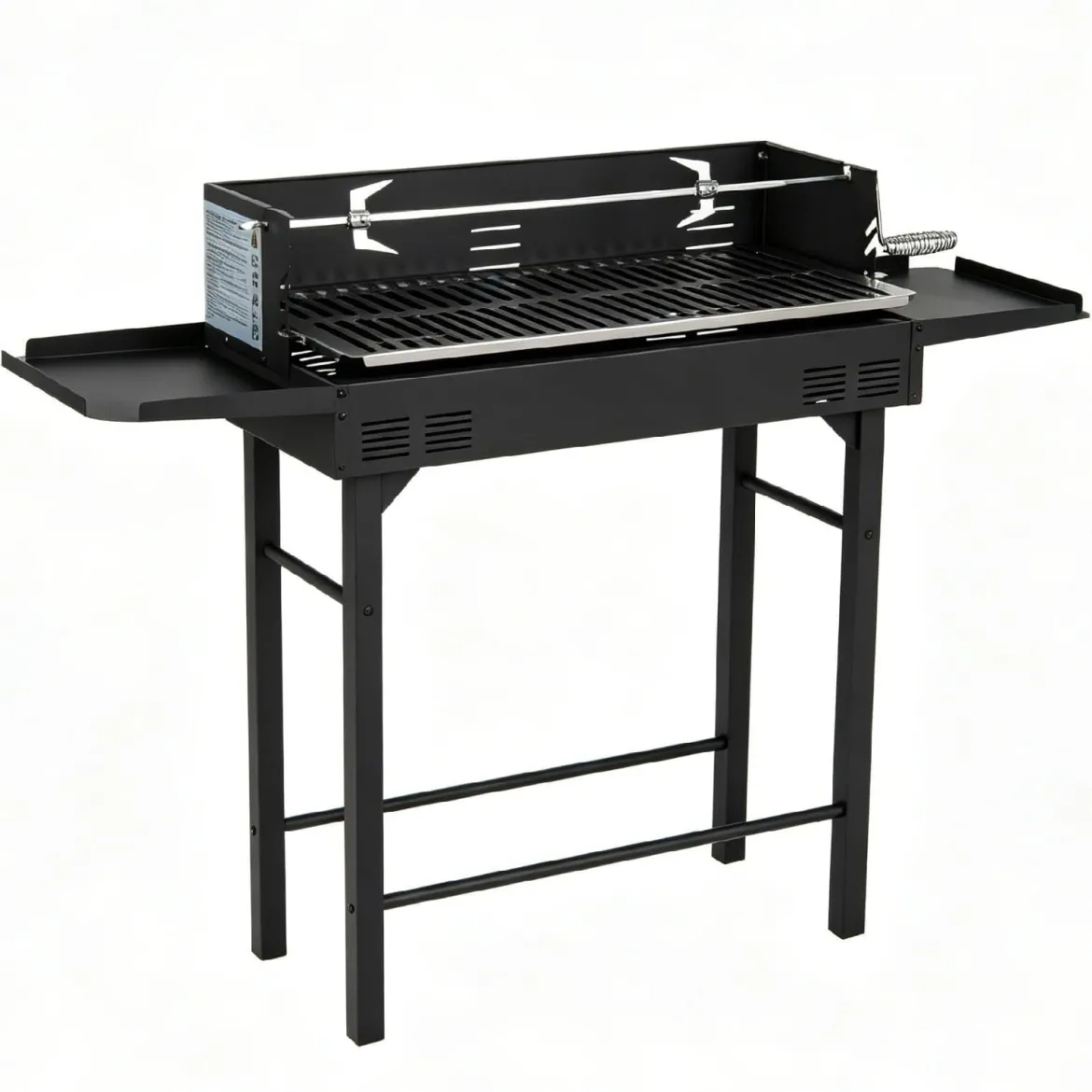 Holzkohlegrill Grillwagen mit Höhenverstellbarem Grillrost 73 x 34 cm 2 Ablagen & Drehspieß
