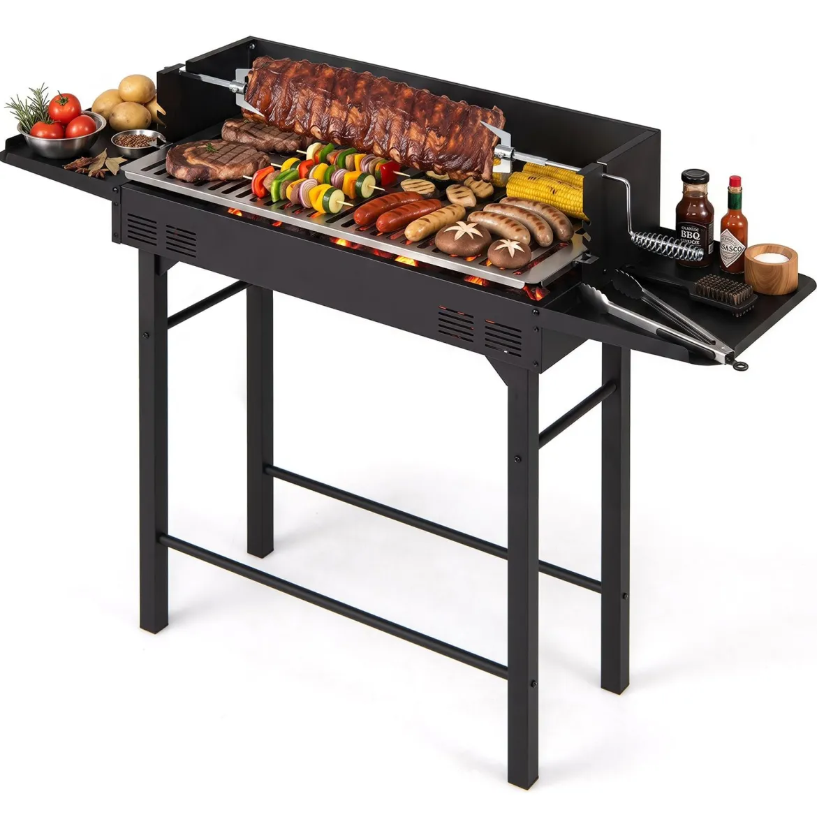 Holzkohlegrill Grillwagen mit Höhenverstellbarem Grillrost 73 x 34 cm 2 Ablagen & Drehspieß