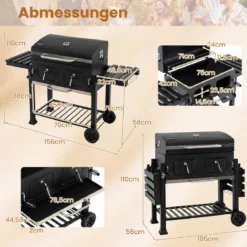 Holzkohlegrill mit Deckel Grillwagen mit Rädern & Abdeckhaube Kugelgrill mit Deckelthermometer