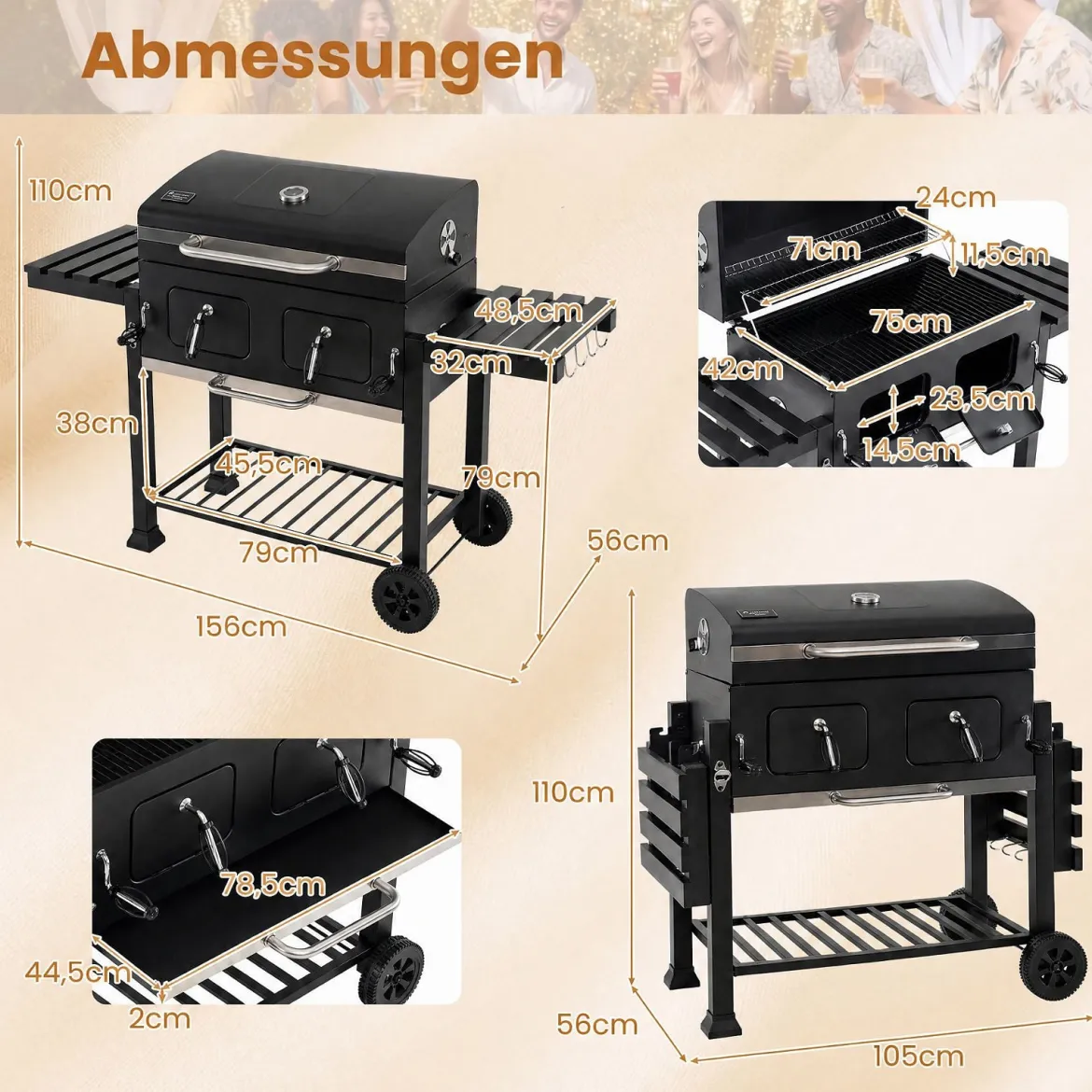 Holzkohlegrill mit Deckel Grillwagen mit Rädern & Abdeckhaube Kugelgrill mit Deckelthermometer