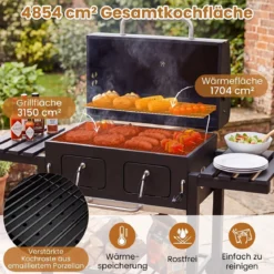 Holzkohlegrill mit Deckel Grillwagen mit Rädern & Abdeckhaube Kugelgrill mit Deckelthermometer
