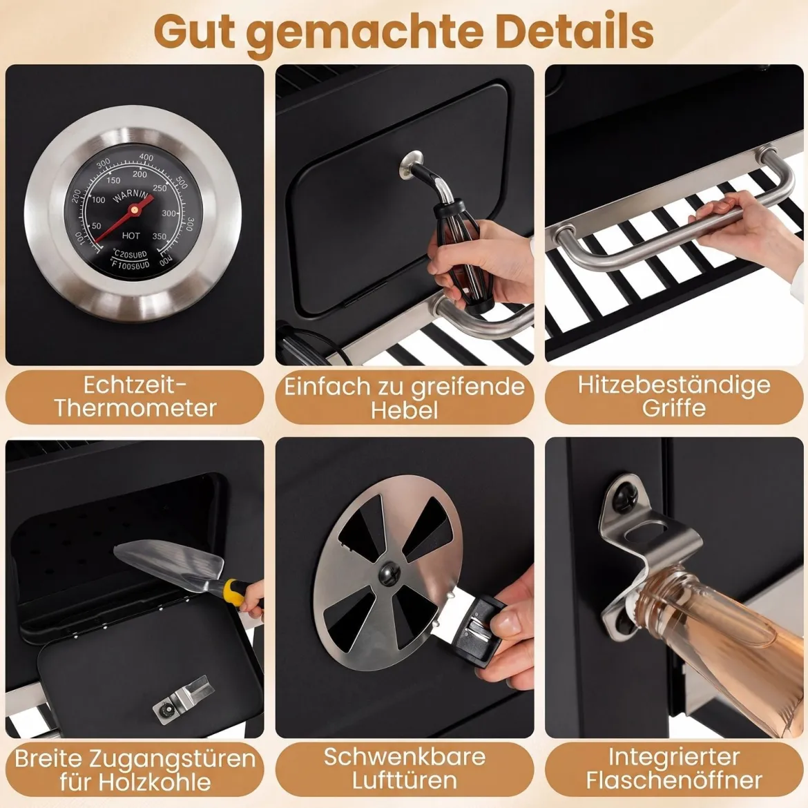 Holzkohlegrill mit Deckel Grillwagen mit Rädern & Abdeckhaube Kugelgrill mit Deckelthermometer