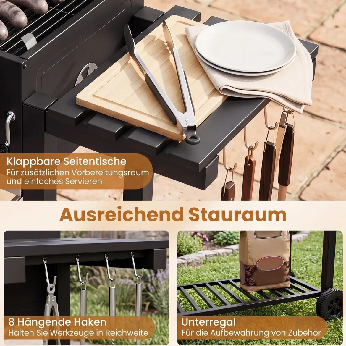 Holzkohlegrill mit Deckel Grillwagen mit Rädern & Abdeckhaube Kugelgrill mit Deckelthermometer