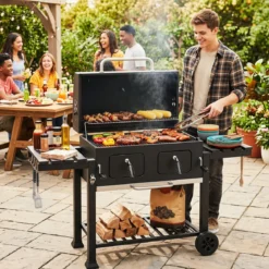 Holzkohlegrill mit Deckel Grillwagen mit Rädern & Abdeckhaube Kugelgrill mit Deckelthermometer