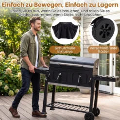 Holzkohlegrill mit Deckel Grillwagen mit Rädern & Abdeckhaube Kugelgrill mit Deckelthermometer