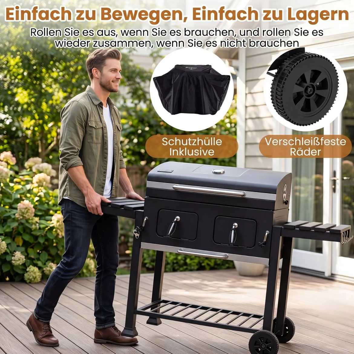 Holzkohlegrill mit Deckel Grillwagen mit Rädern & Abdeckhaube Kugelgrill mit Deckelthermometer
