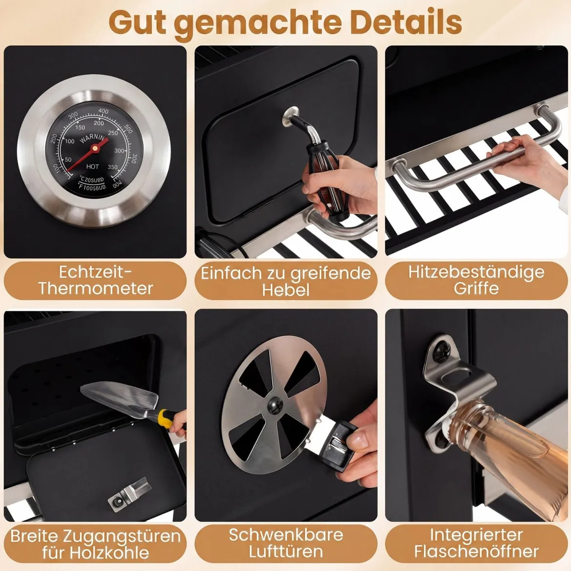 Holzkohlegrill mit Deckel Grillwagen mit Rädern & Abdeckhaube Kugelgrill mit Deckelthermometer