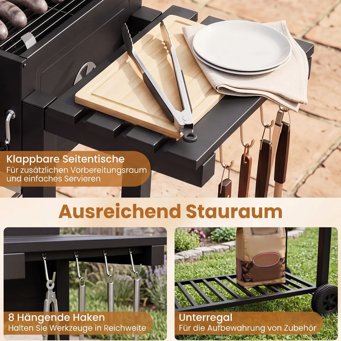 Holzkohlegrill mit Deckel Grillwagen mit Rädern & Abdeckhaube Kugelgrill mit Deckelthermometer