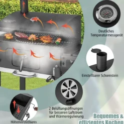 Holzkohlegrill mit Deckel & 2 Klappbaren Beistelltischen & 8 Haken & Thermometer & Flaschenöffner