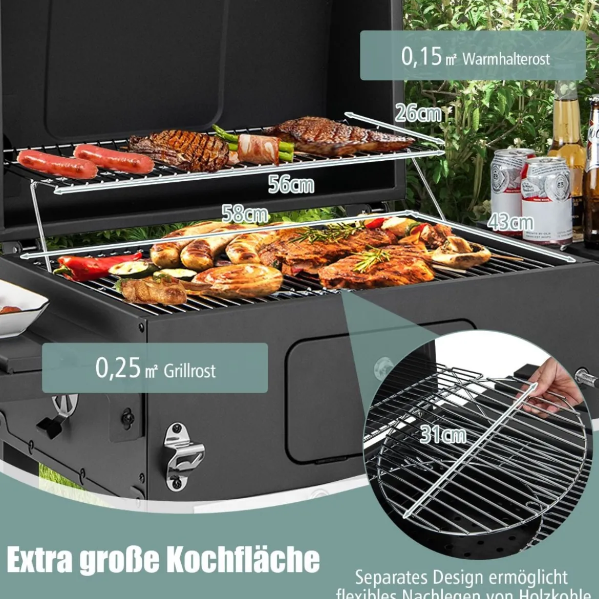 Holzkohlegrill mit Deckel & 2 Klappbaren Beistelltischen & 8 Haken & Thermometer & Flaschenöffner
