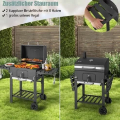 Holzkohlegrill mit Deckel & 2 Klappbaren Beistelltischen & 8 Haken & Thermometer & Flaschenöffner