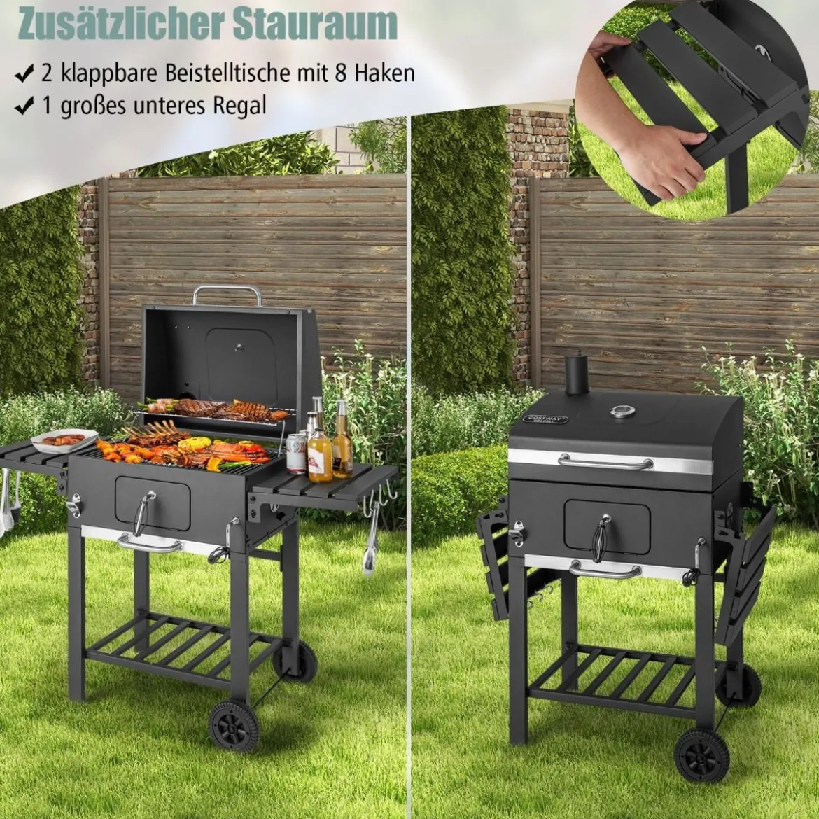 Holzkohlegrill mit Deckel & 2 Klappbaren Beistelltischen & 8 Haken & Thermometer & Flaschenöffner