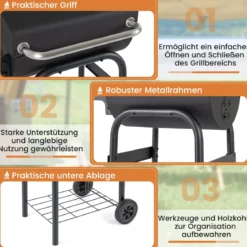 Holzkohlegrill mit Klappbarem Seitentisch & Thermostat Grillwagen Outdoor BBQ Grill