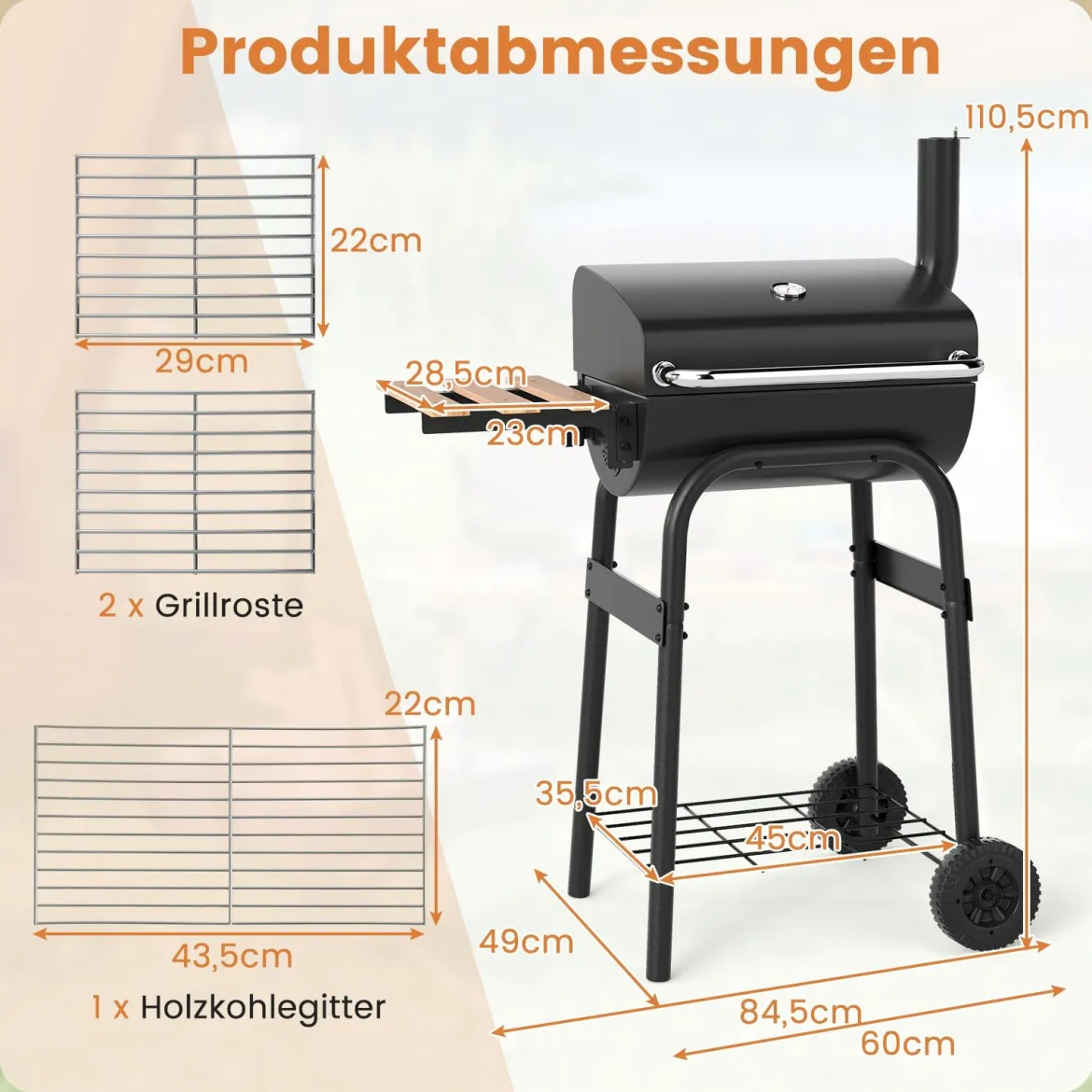 Holzkohlegrill mit Klappbarem Seitentisch & Thermostat Grillwagen Outdoor BBQ Grill