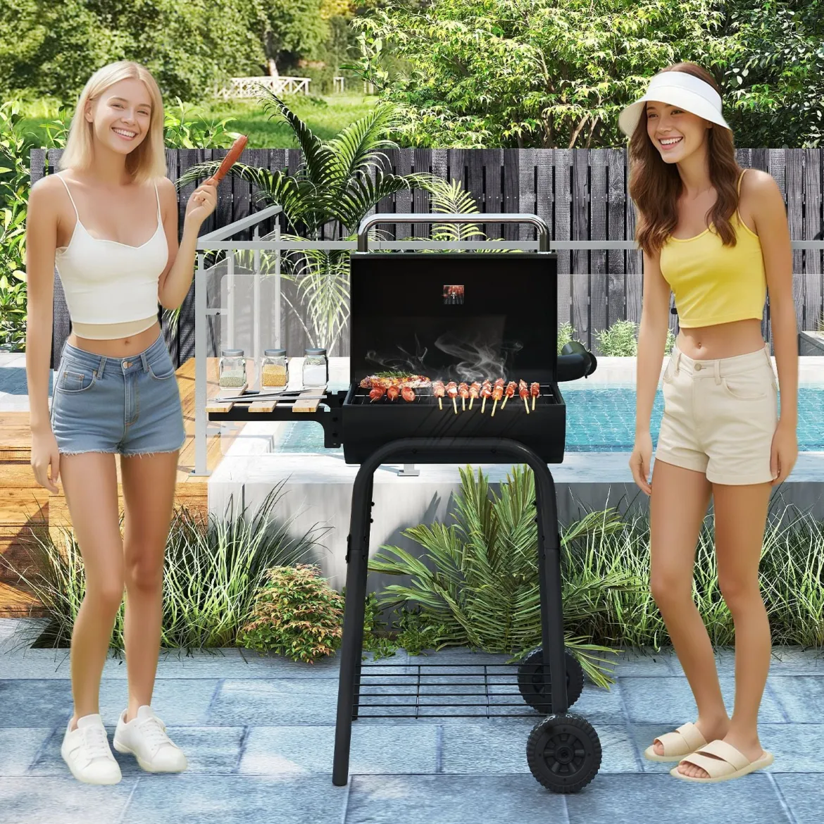 Holzkohlegrill mit Klappbarem Seitentisch & Thermostat Grillwagen Outdoor BBQ Grill