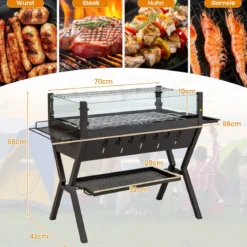 Holzkohlegrill mit Windschutz Würzregalen & Ablage Campinggrill Grillfläche aus Edelstahl 98 x 42 x 68 cm Braun