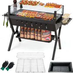 Holzkohlegrill mit Windschutz Würzregalen & Ablage Campinggrill Grillfläche aus Edelstahl 98 x 42 x 68 cm Braun