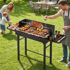 Holzkohlegrill Outdoor Tragbarer Campinggrill mit Integriertem Thermometer aus Metall Schwarz