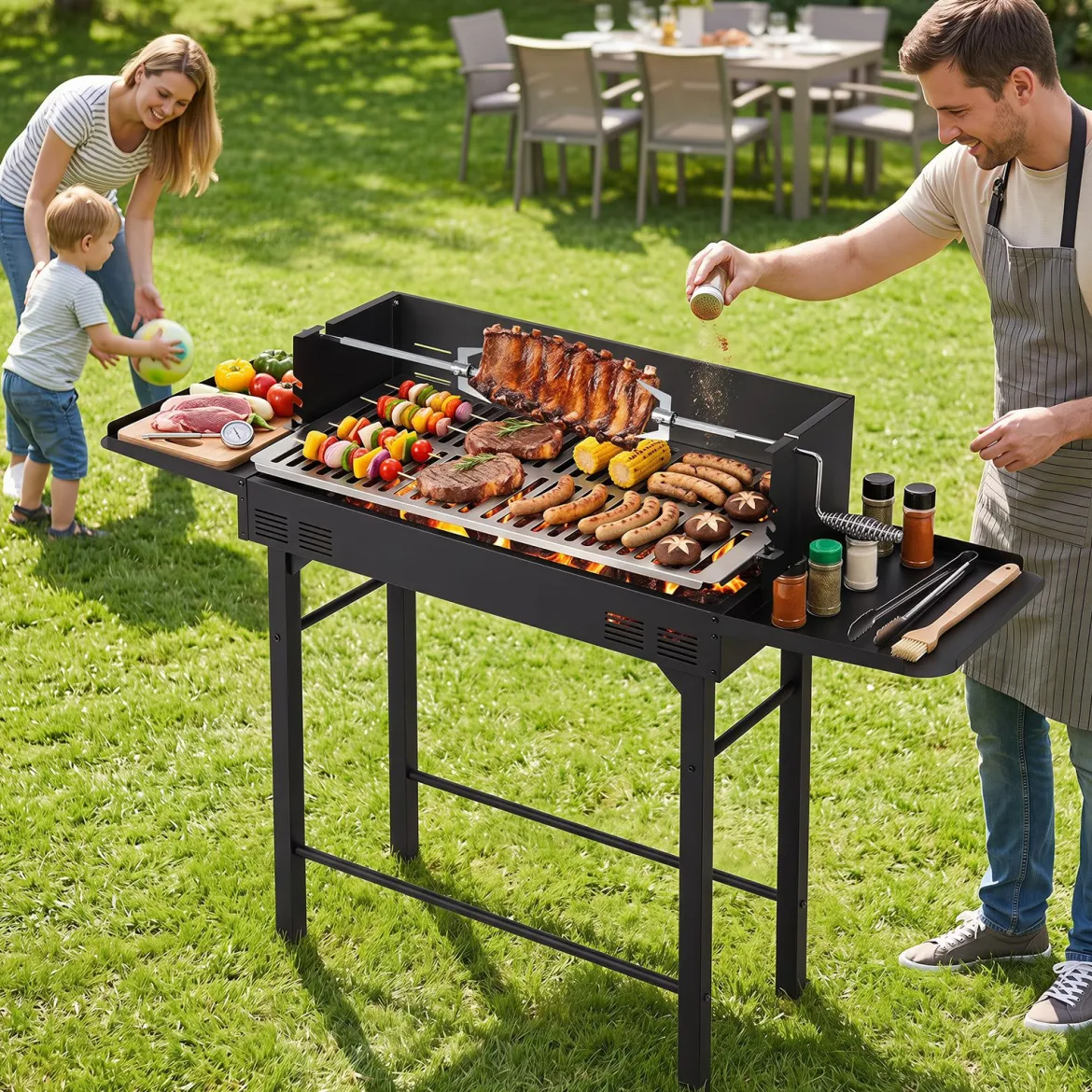 Holzkohlegrill Outdoor Tragbarer Campinggrill mit Integriertem Thermometer aus Metall Schwarz
