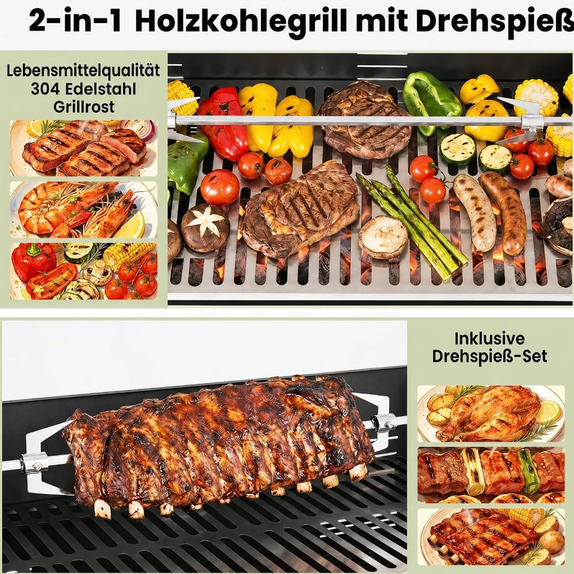 Holzkohlegrill Outdoor Tragbarer Campinggrill mit Integriertem Thermometer aus Metall Schwarz