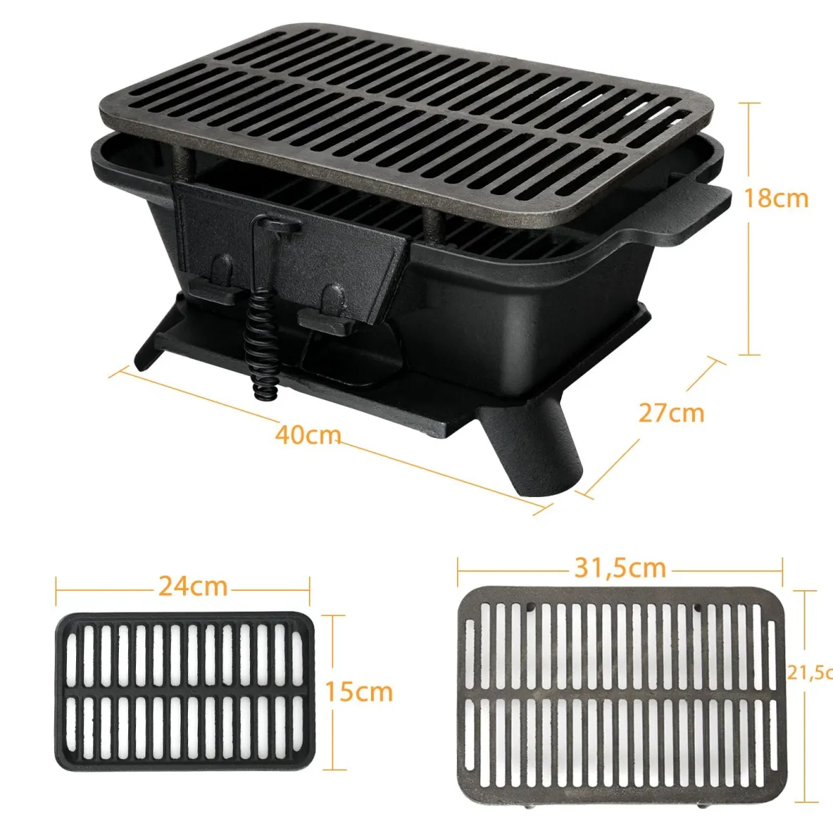 Holzkohlegrill tragbarer gusseiserner Barbecue-Grill BBQ Minigrill Tischgrill für Picknick 2-stufige Grillhöhe 40x27x18cm Schwarz