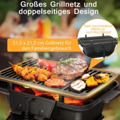 Holzkohlegrill tragbarer gusseiserner Barbecue-Grill BBQ Minigrill Tischgrill für Picknick 2-stufige Grillhöhe 40x27x18cm Schwarz
