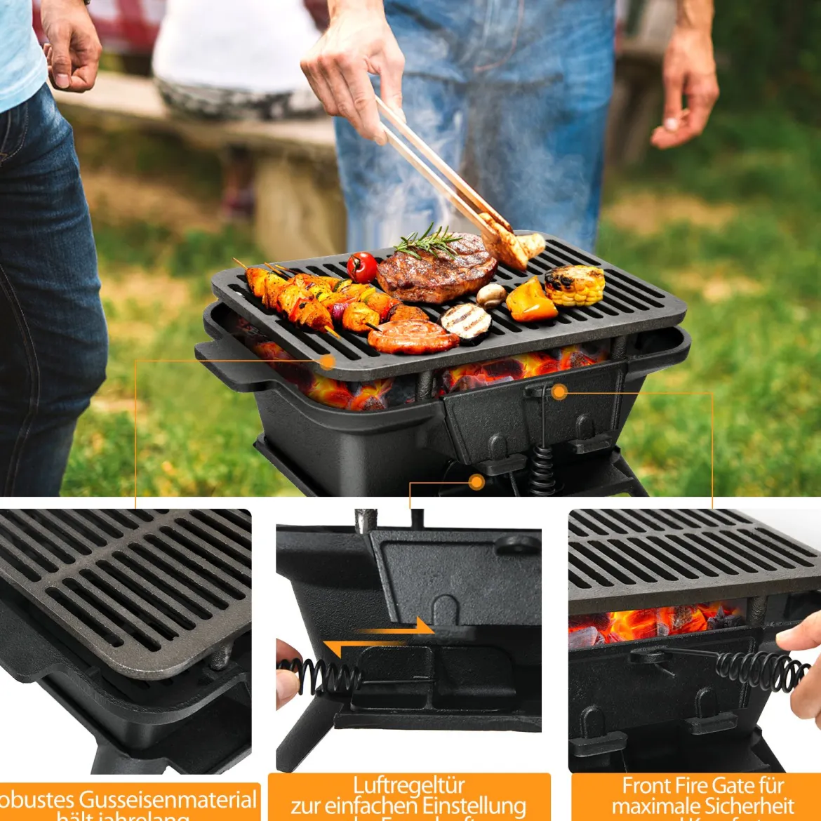 Holzkohlegrill tragbarer gusseiserner Barbecue-Grill BBQ Minigrill Tischgrill für Picknick 2-stufige Grillhöhe 40x27x18cm Schwarz