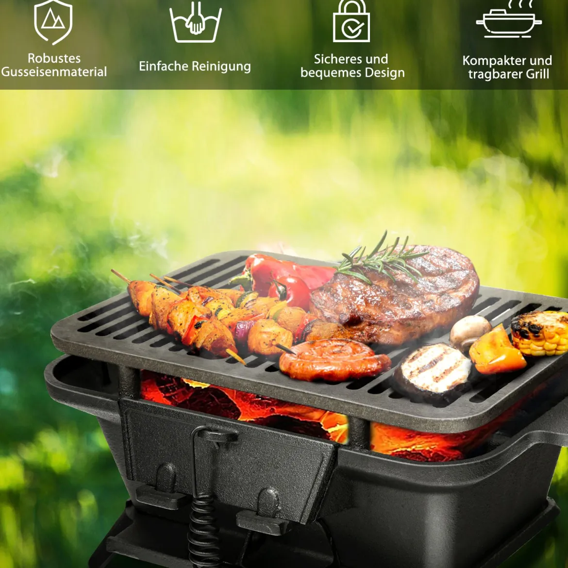 Holzkohlegrill tragbarer gusseiserner Barbecue-Grill BBQ Minigrill Tischgrill für Picknick 2-stufige Grillhöhe 40x27x18cm Schwarz