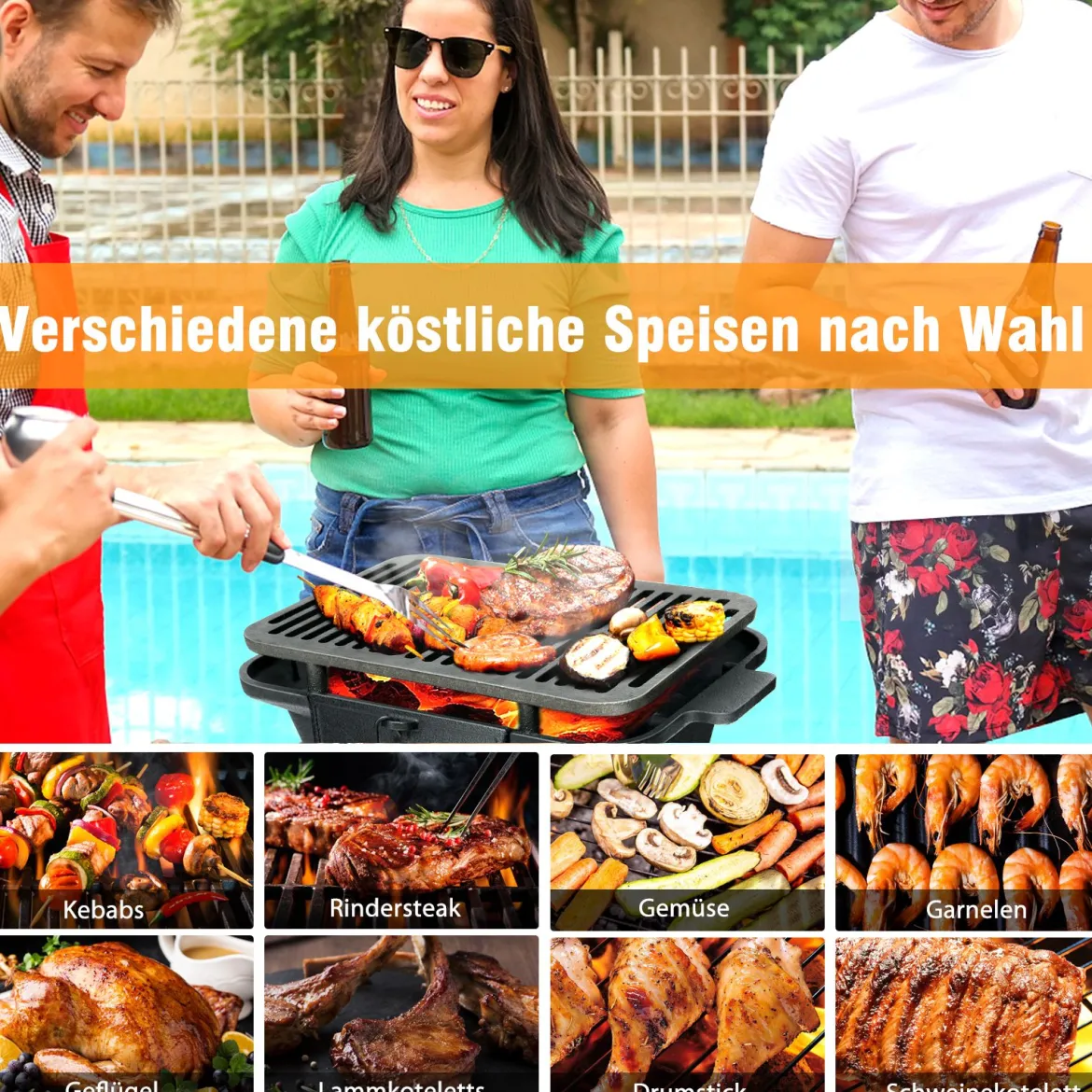 Holzkohlegrill tragbarer gusseiserner Barbecue-Grill BBQ Minigrill Tischgrill für Picknick 2-stufige Grillhöhe 40x27x18cm Schwarz