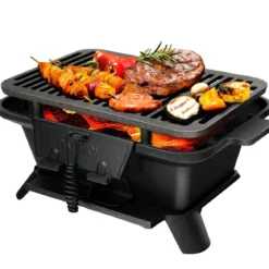 Holzkohlegrill tragbarer gusseiserner Barbecue-Grill BBQ Minigrill Tischgrill für Picknick 2-stufige Grillhöhe 40x27x18cm Schwarz