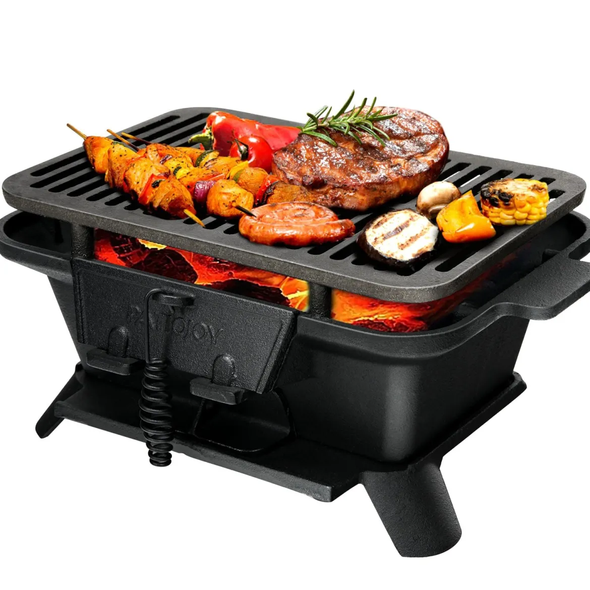 Holzkohlegrill tragbarer gusseiserner Barbecue-Grill BBQ Minigrill Tischgrill für Picknick 2-stufige Grillhöhe 40x27x18cm Schwarz