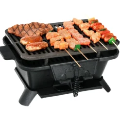 Holzkohlegrill tragbarer gusseiserner Barbecue-Grill BBQ Minigrill Tischgrill für Picknick 2-stufige Grillhöhe 40x27x18cm Schwarz